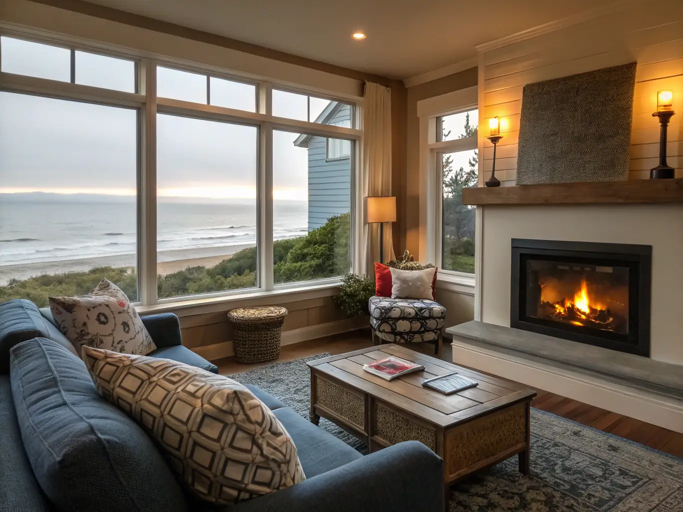 A modern, well-furnished vacation rental living room with a view of the ocean, showcasing cleanliness and comfort.