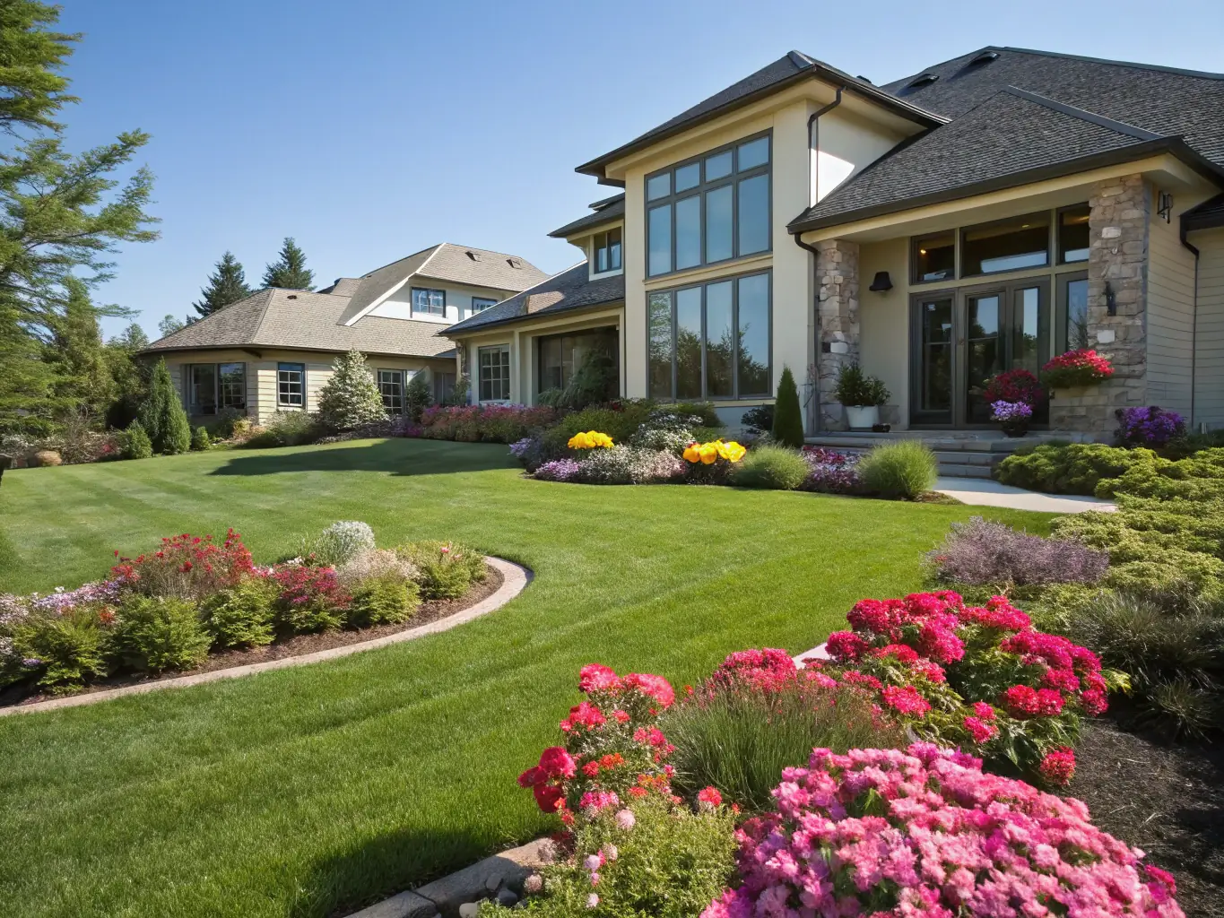 A well-maintained residential property exterior with manicured lawn and landscaping, emphasizing curb appeal.