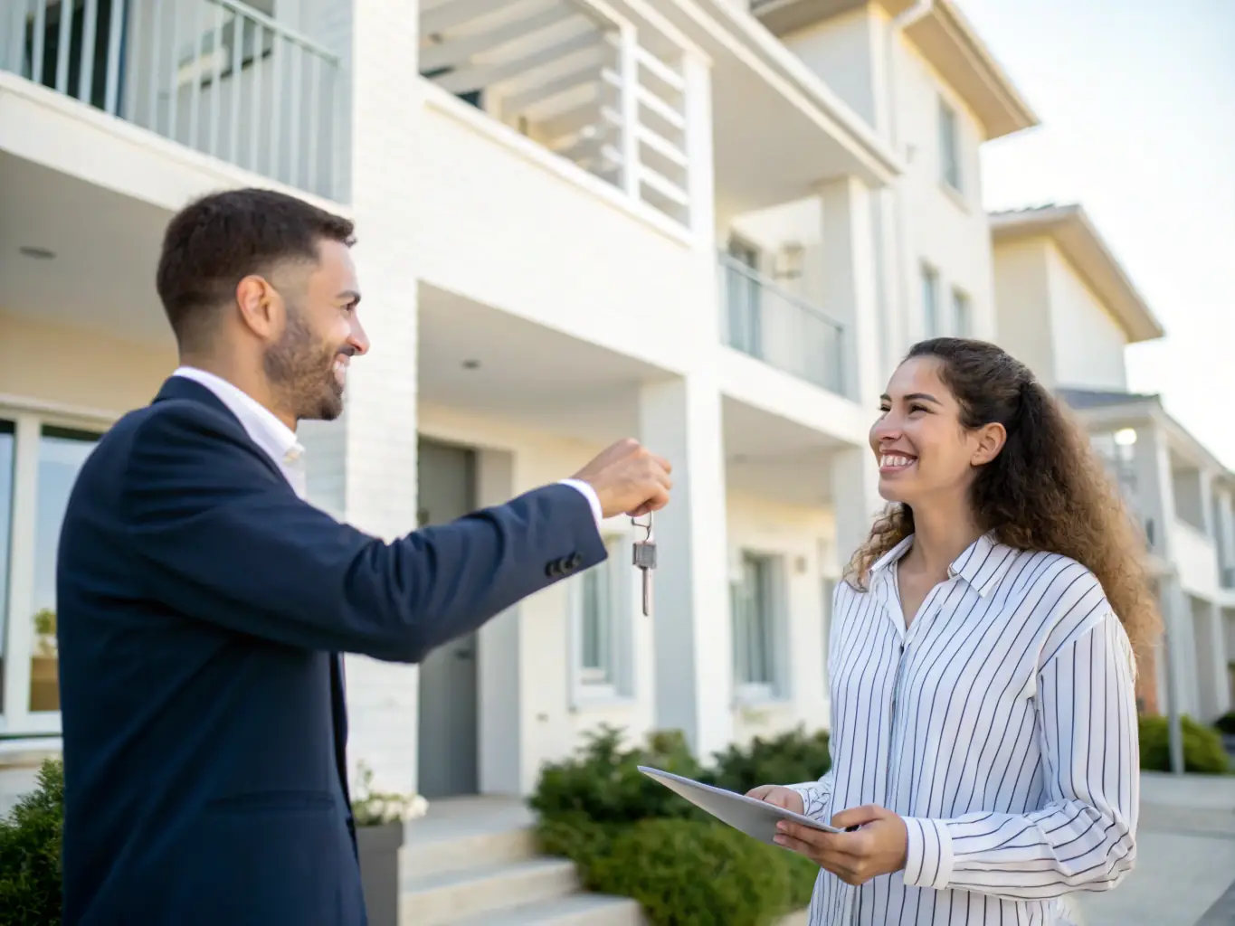 A friendly and efficient property manager handing keys to a new tenant, symbolizing trust and reliability.